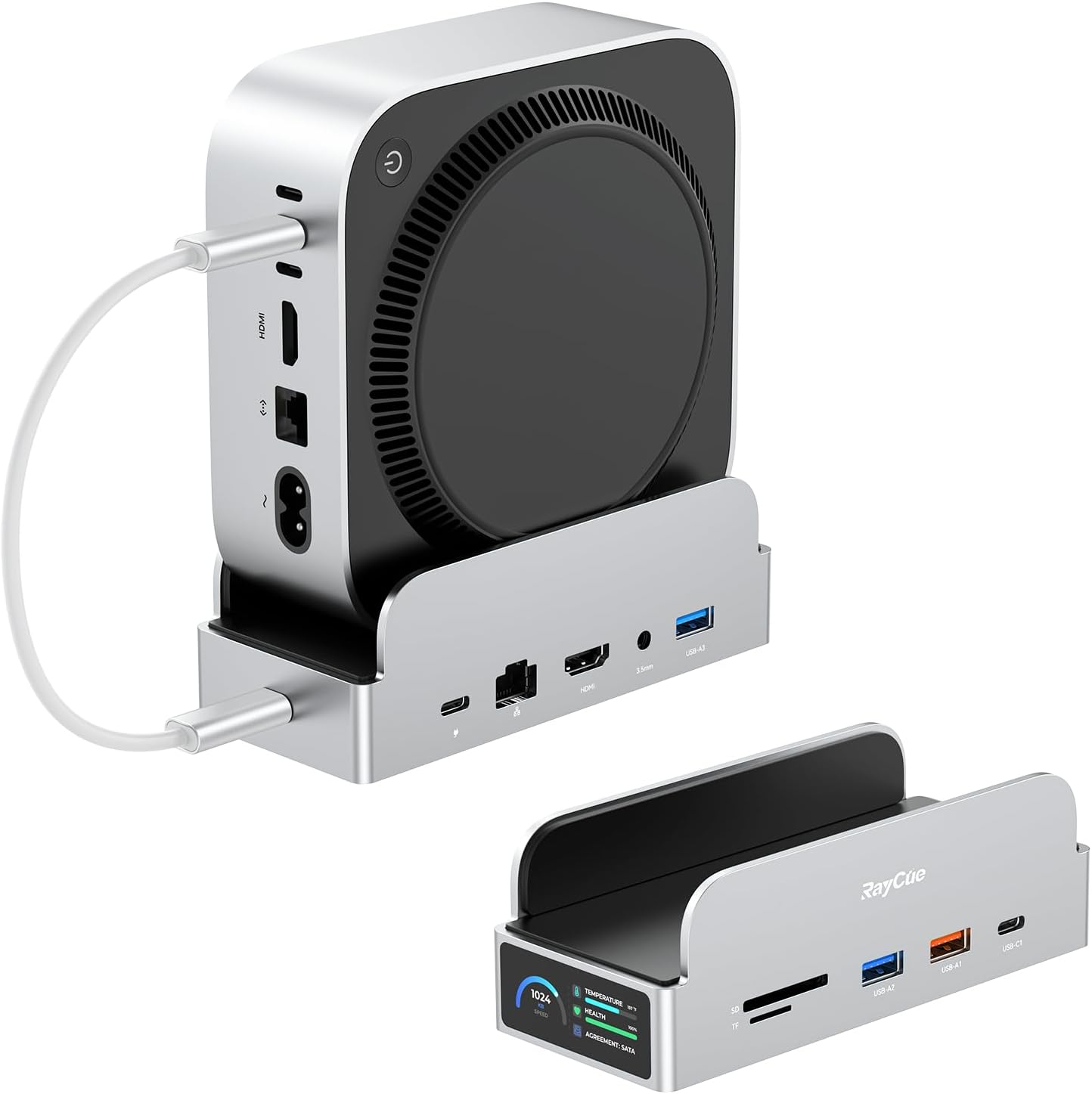 Product image of RayCue SmartDock Pro for Mac mini M4 Dock Stand with M.2 NVMe SSD Enclosure, 4K 60Hz HDMI, 10Gbps USB-C/A, Gigabit Ethernet, SD/TF Card Readers – Space-Saving Vertical Hub Compatible with Mac mini