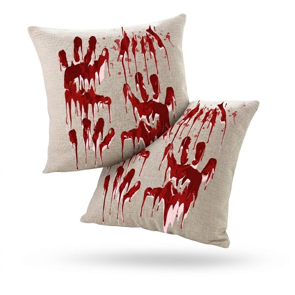 PRK 14 Cushion Covers 2 pcs Halloween Blood Hand Splatter Gothic Pillow Throws Monsters for Livingroom Bedroom Couples Sofa Horror Scary Pillowcase Set 45 x 45cm