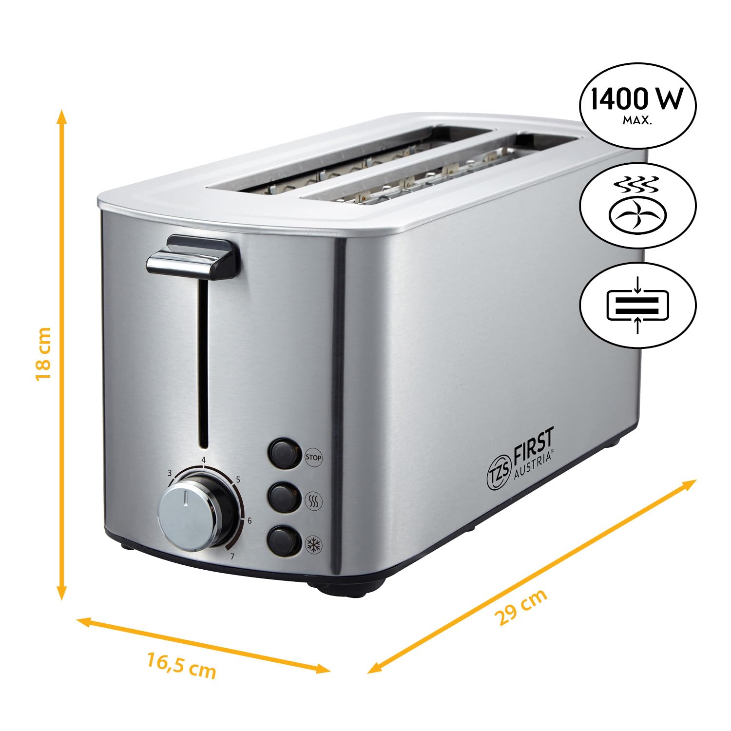 TZS First Austria Tostapane a fessura lunga, acciaio inox, 4 fette, 1400 W, con scalda panini rimovibile, vassoio raccogli briciole, centratura del toast, rivestimento anti-impronta.
