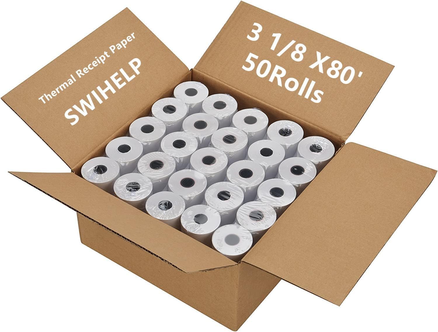 SWIHELP (50 Rolls) 80 x 50 Thermal Paper Receipt 2 1/4" Rolls Fits All POS Cash Registers Printers, Credit Card Terminals, Star Micronics SCP700, TSP100 BPA Free - BuyRegisterRolls