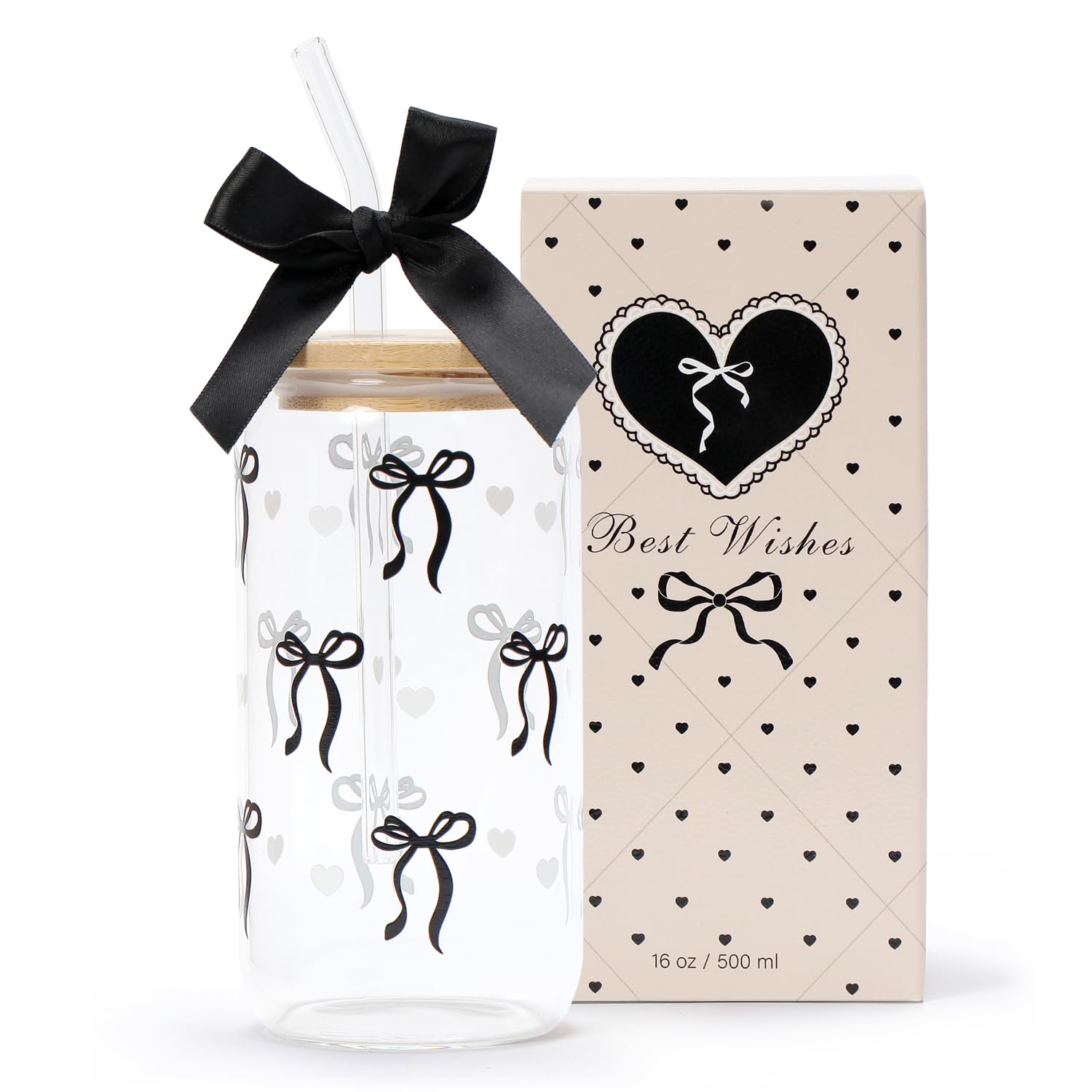 LANGASQUE Coquette Bow Aesthetic Cup With Gift Box 16oz Glass Cup with Lids Straws and Black Bow Iced Coffee Smoothie Cute Tumbler with Cleaning Brush for Girls Bestfriend Sister Girlfriend: Black