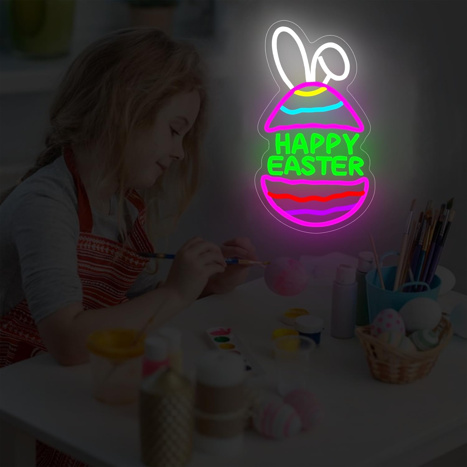Rabbit Ear Eggs Neon Signs Happy Easter Neon Sign for Wall Decor Dimmable Happy Easter LED Neon Light for Spring Front Yard Sign, Lawn Decoration for Easter Party