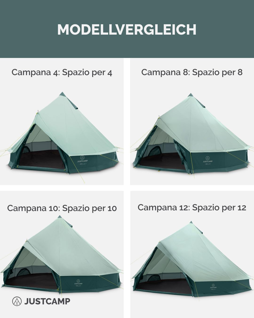 Justcamp Bell Tipi tenda per famiglia, campeggio, misure: 6, 8, 10, 12 persone