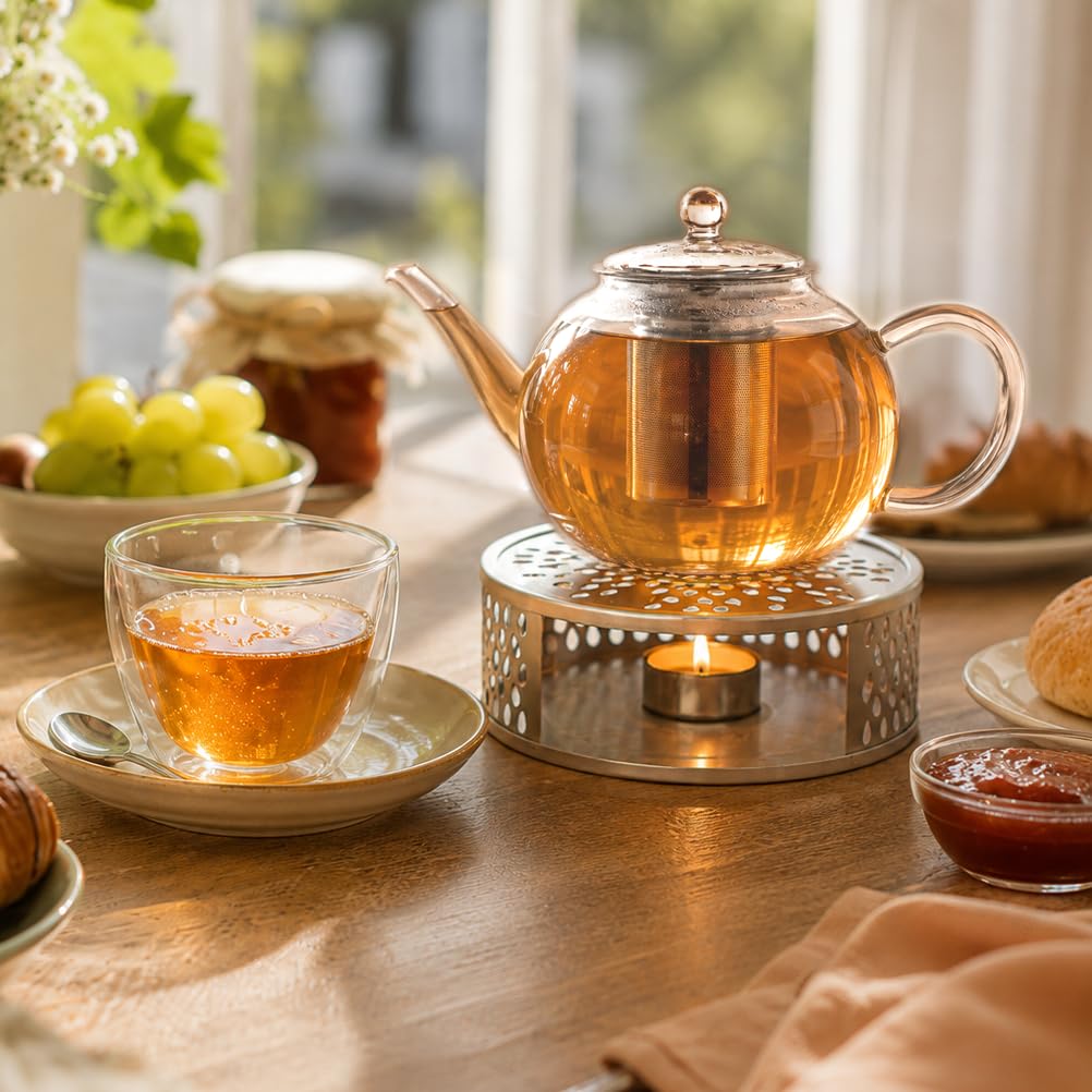 Creano Teekanne aus Glas 1,2l + ein Stövchen aus Edelstahl, 3-teilige Glasteekanne mit integriertem Edelstahl Sieb und Glasdeckel, ideal zur Zubereitung von losen Tees, tropffrei