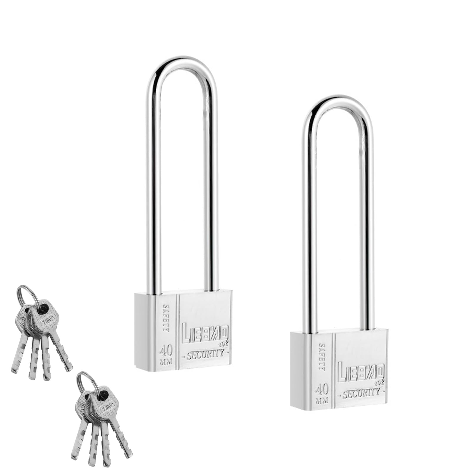 MORETATA 2 Pack Heavy Duty Long Shackle Padlock with Keys, 40mm High Security Key Padlocks, Waterproof Outdoor Padlock for Shed, Warehouse, Garage, Garden, Gate(Silver)