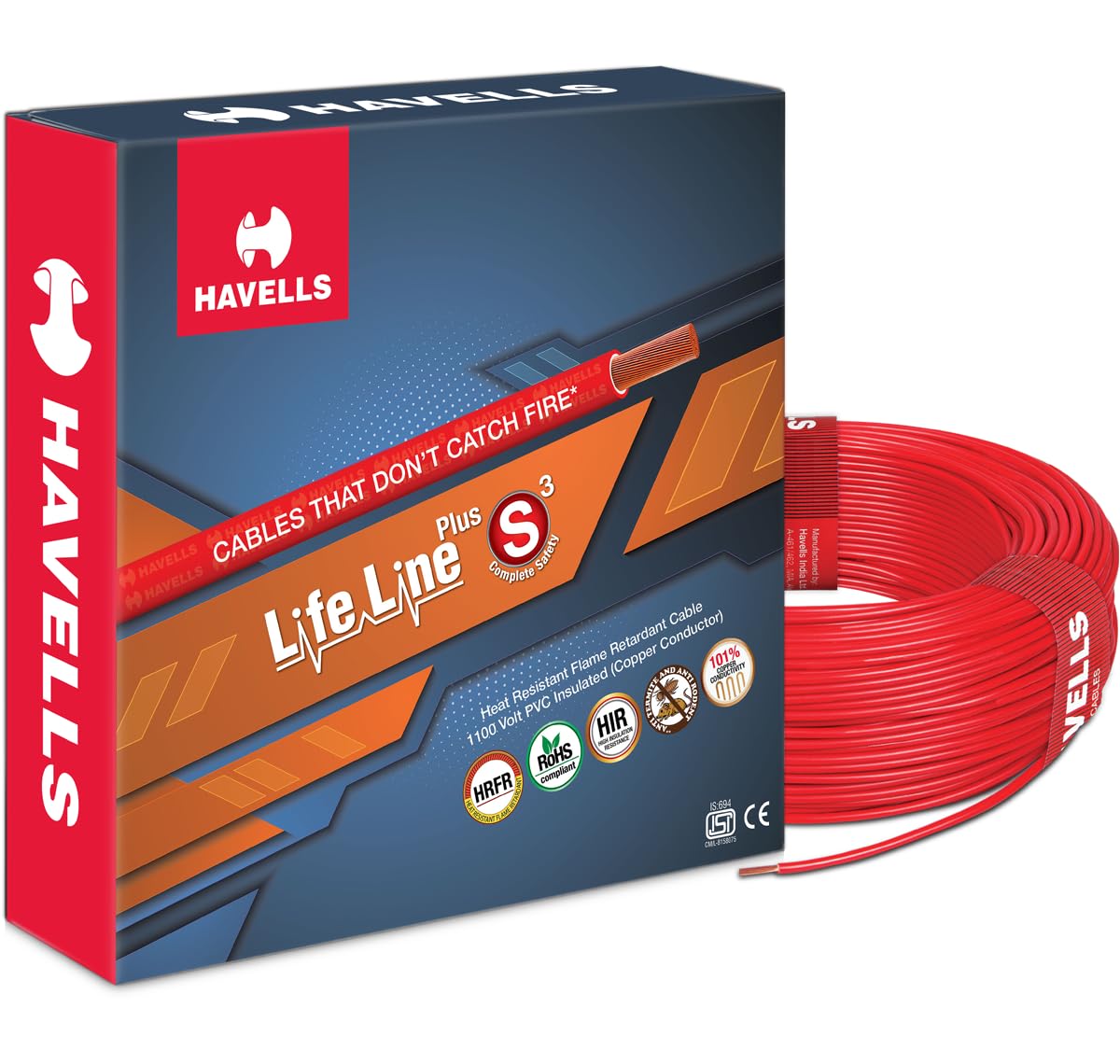 Havells LifeLine+ S3 | 2.5 sq.mm Copper Wire (90m-Red)| Class 2 Conductor (100% Copper), Heat Resistant & Flame Retardant - Ideal for Domestic & Industrial Use (WHFFDNRA12X5)