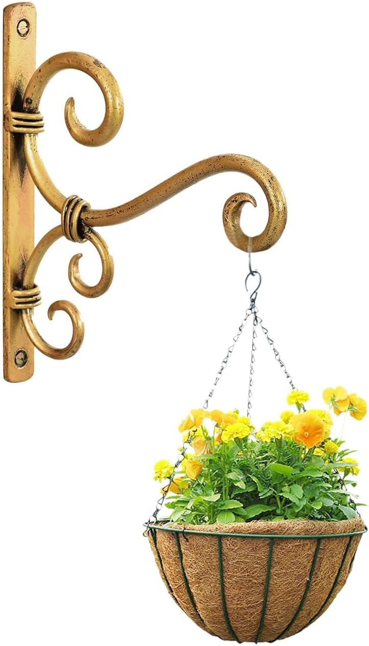 Metal Plant Hanger Wall Hanging Plant Hook for Bird Feeders Planters Lanterns Wind Chimes Hanging Baskets Ornaments String Lights Indoor Outdoor Set of 1 (Small) (Golden Finish)
