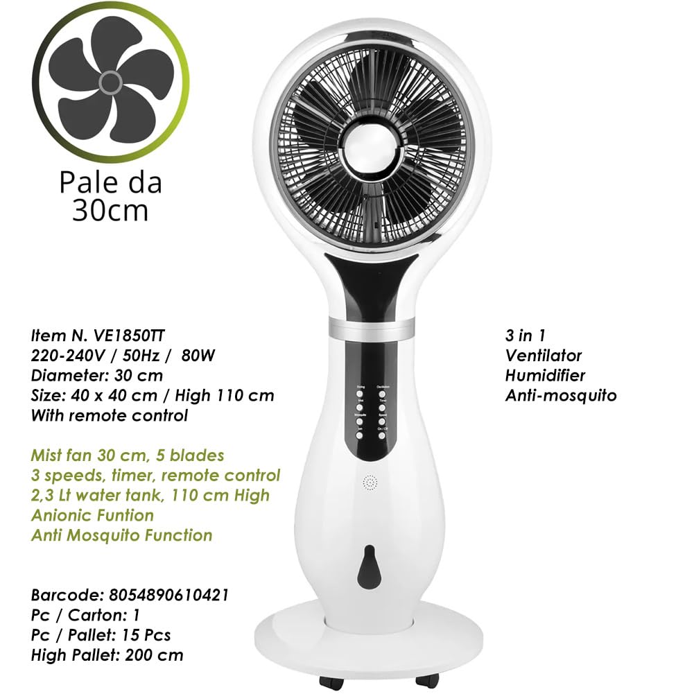 BAKAJI Ventilatore con Ruote a Piantana 80W Combinato 3in1 LED Display con Umidificatore, Anti Zanzare e Funzione Ionizzatore, Air Fun Diametro 40 cm e Alt. 110cm, Spegnimento Automatico, Telecomando