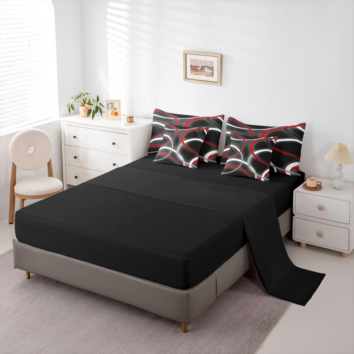 Erosebridal Red Circle Geometric Black Grey Comforter Set Queen Size 7 Pieces | Abstract Modern Art Bed in A Bag Aesthetic Swirls Stripes Bed Set Girls Women Kids Adults Bedding