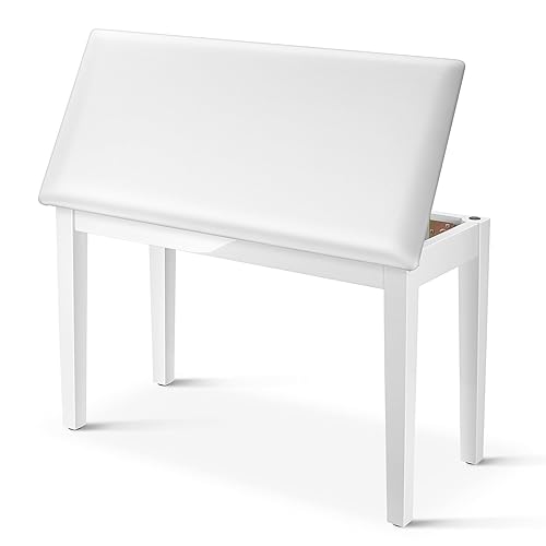 Donner Duet Piano Bench with Storage, Solid Wooden Keyboard Bench Piano Bookcase Stool Chair Seat with High-Density Sponges Padded Cushion, White - White