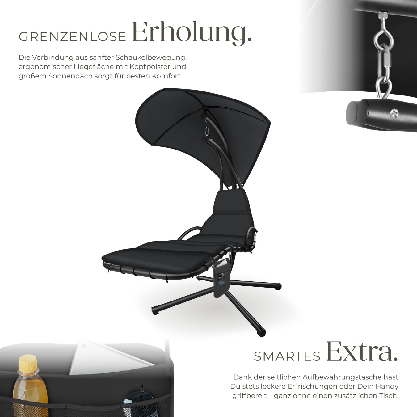 tectake® Hängeliege mit Gestell, Schwebeliege, Schwingliege mit Sonnendach, Schaukelliege, Hängesessel inkl. Tasche, Polsterauflage mit Kopfkissen, für Garten, Terrasse und Balkon - schwarz