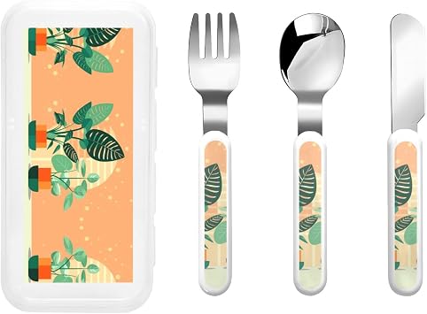 Childrens knife, fork and spoon safety 3-piece set, Green Turtleback stainless steel cutlery set, outdoor portable reusable cutlery
