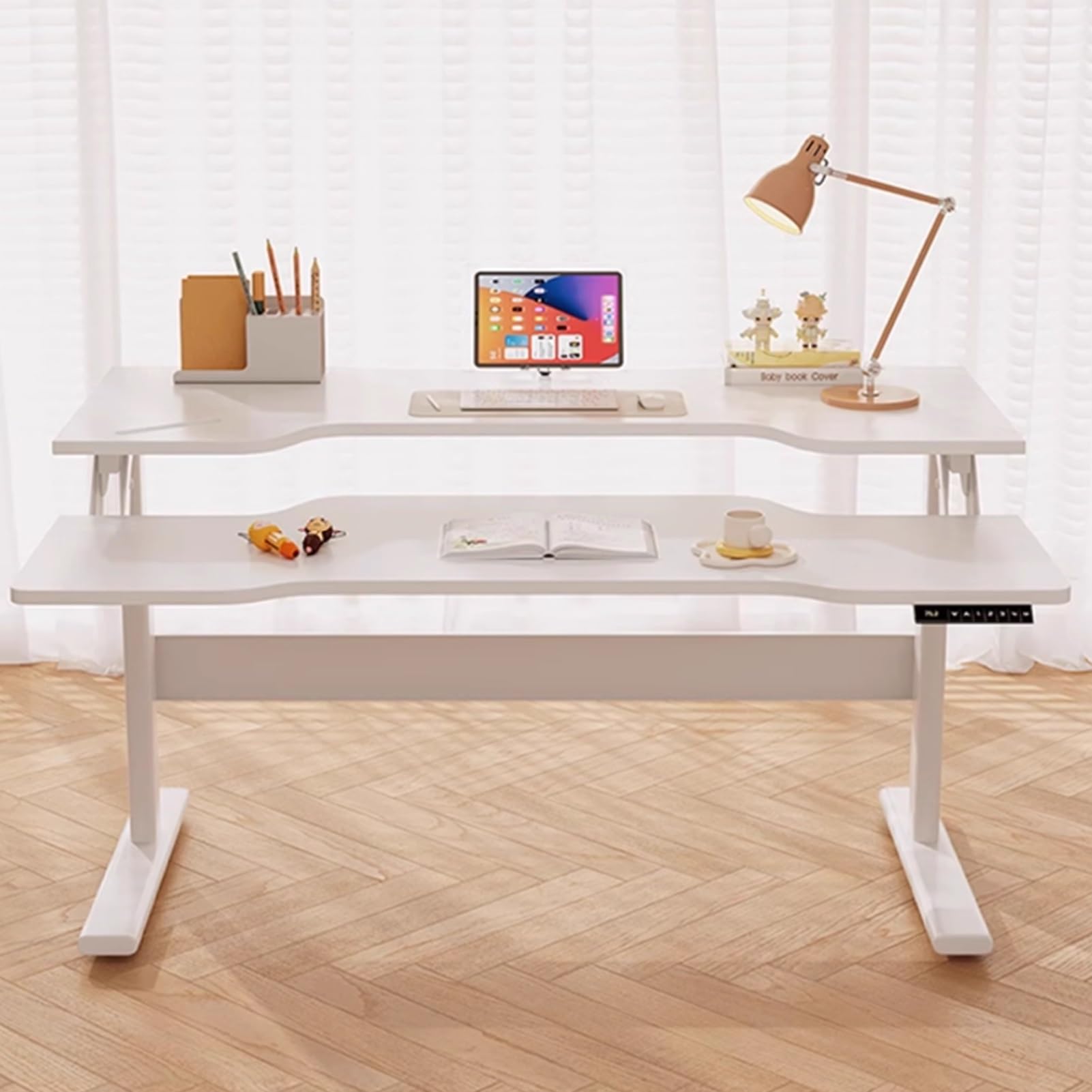 MYUYEE Jkghk Adjustable Standing Desk, Stand Up Desk Riser With Wide Keyboard Tray, Sit Stand Desk With 4 Height Memory Buttons, Workstation For Home And Office (White-31In)