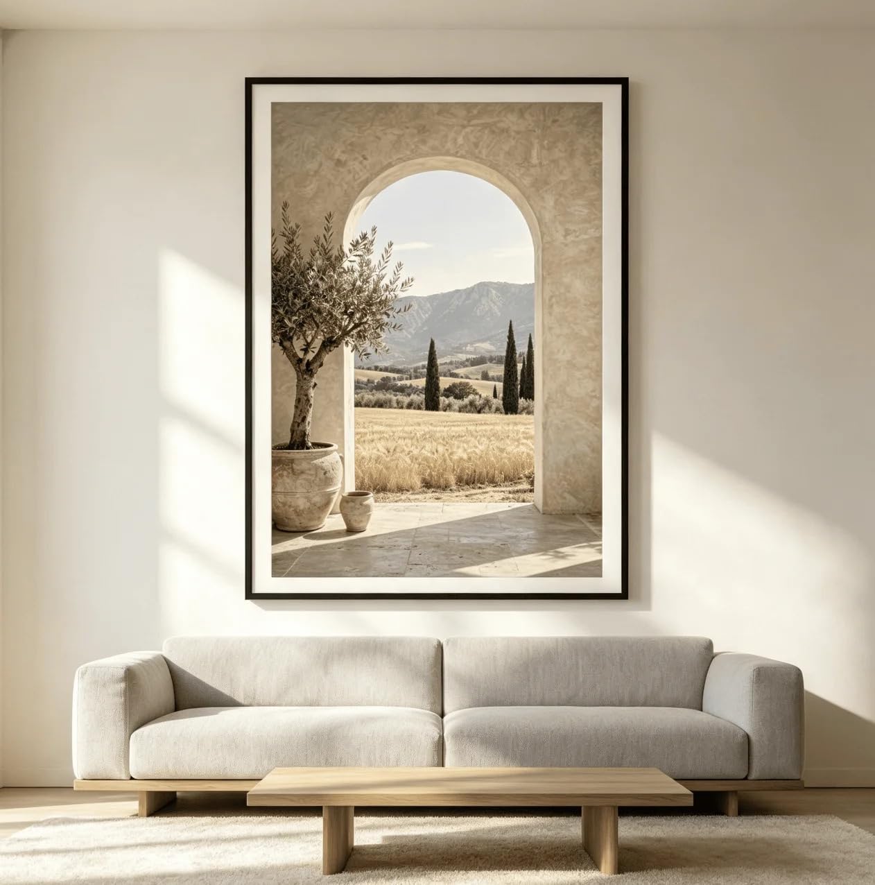 Dittelle Leinwanddruck „Toskanischer Bogen, Olivenbaum, Weizenfeld“, neutrales rustikales italienisches Landschaftsmotiv aus Zypressen, Wandbild für das Wohnzimmer (30 x 40 cm/Innenrahmen)