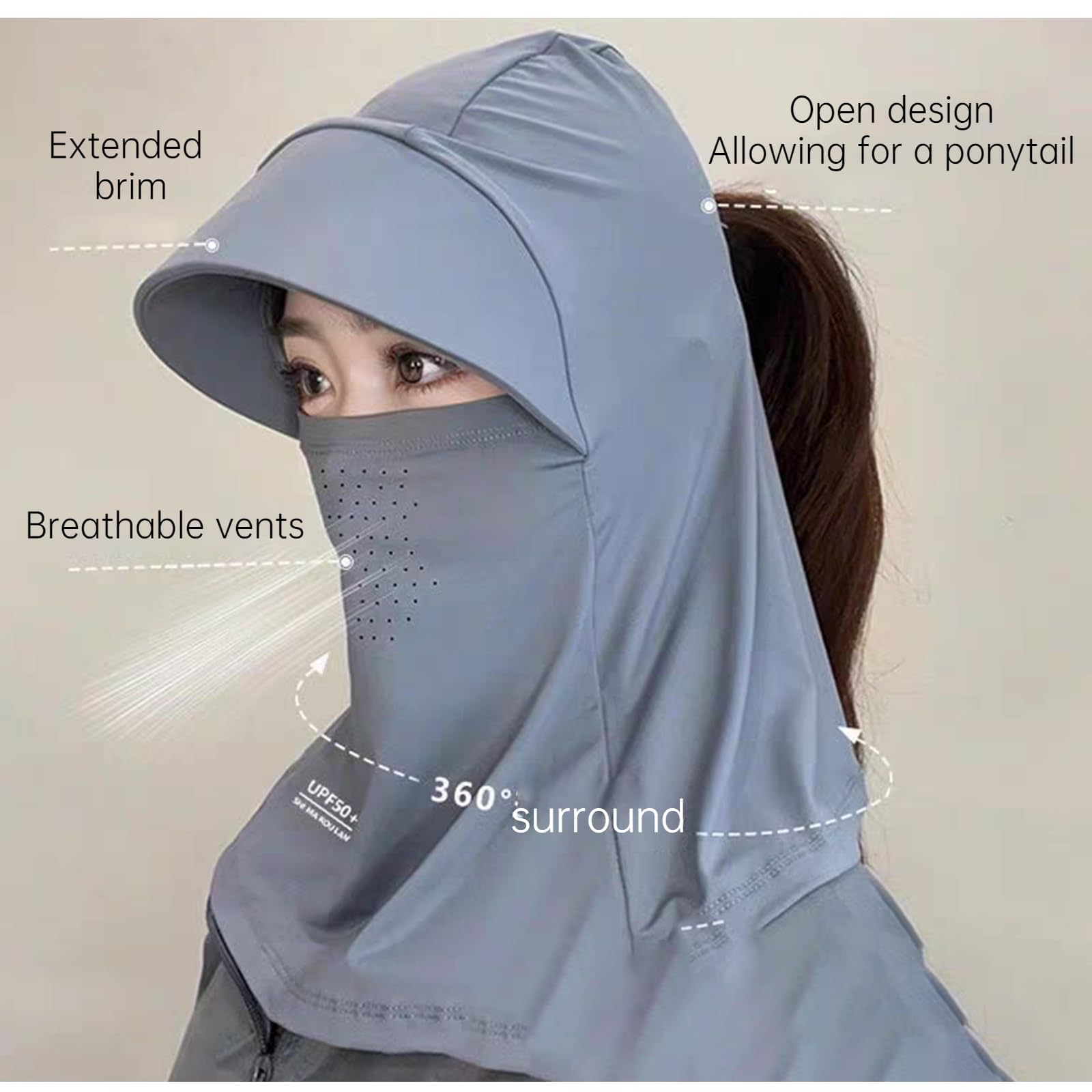 eaonitu UV Face Cover UPF 50+ Women Summer Face Covering Extended Brim Sun Hat UV Resistant Outdoor Cycling Mask (Grey)