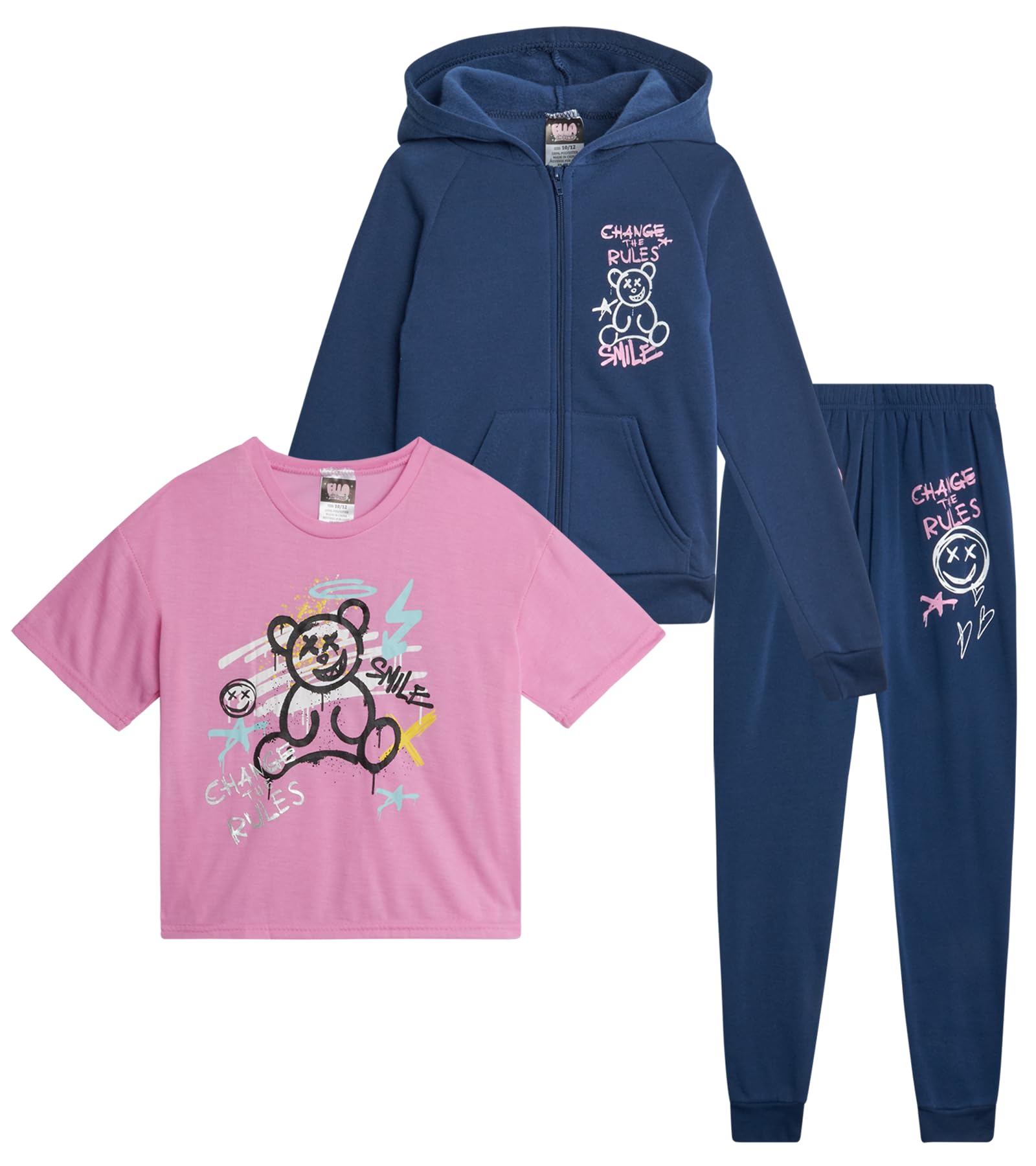 Girls 3 Piece Sweatsuit Zip Hoodie Tees &amp; Jogger