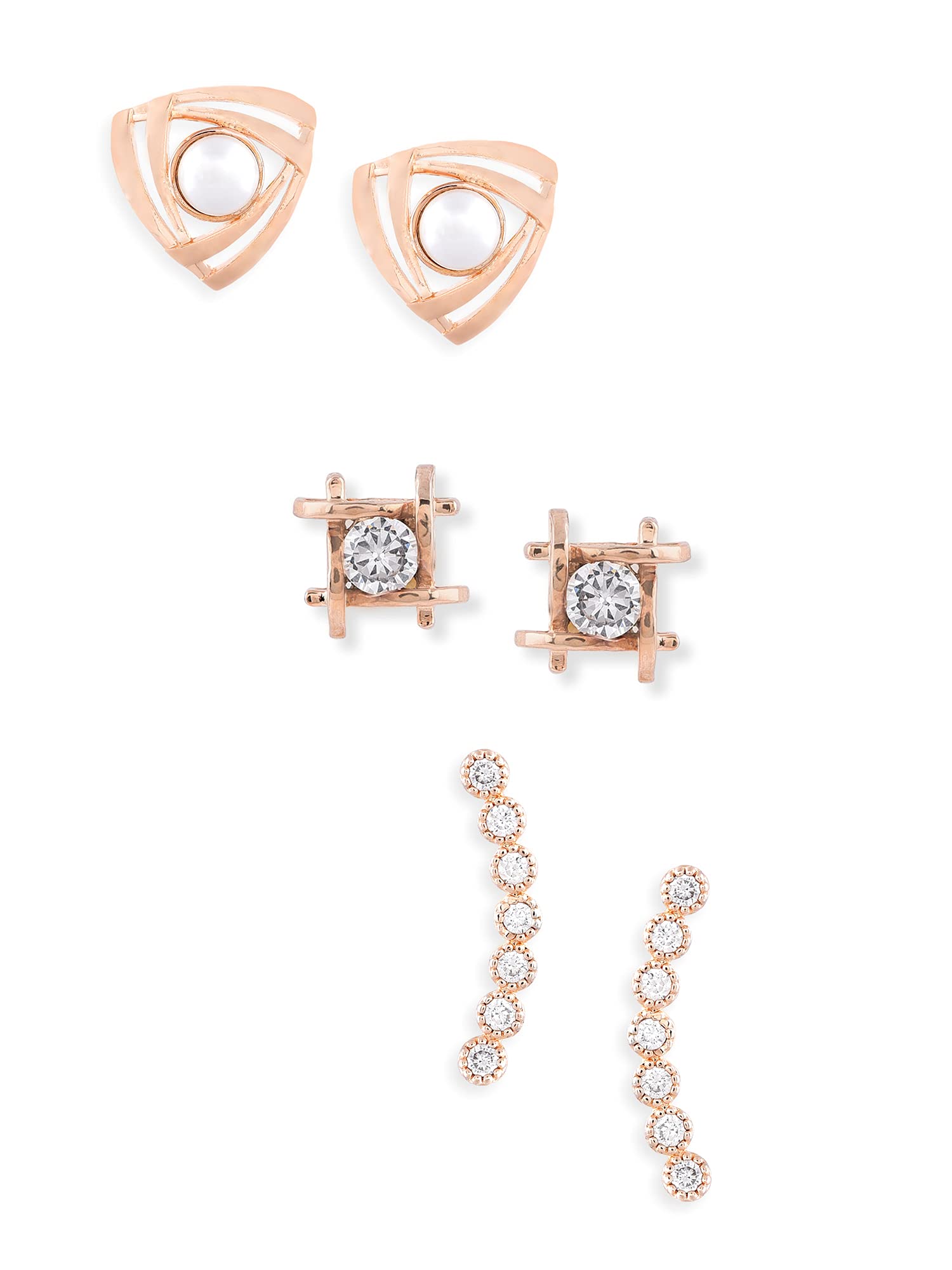 Zaveri Pearls Combo of 3 Rose Gold Cubic Zirconia & Pearls Brass Stud Earring For Women-ZPFK10856 (B0B3TLYNNN) Amazon Price History, Amazon Price Tracker