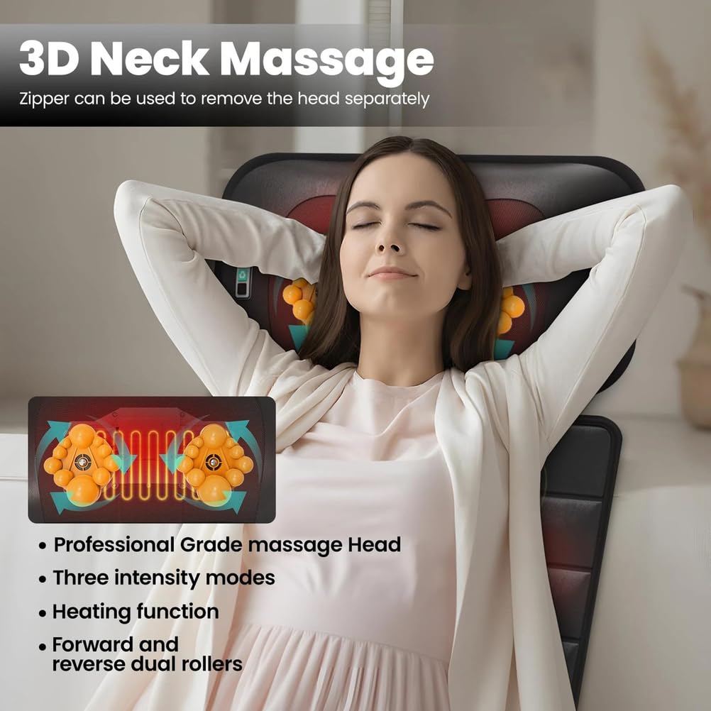 Colchoneta de Masaje Shiatsu con calefacción para Todo el Cuerpo Cama de Masaje para la Espalda con 10 Motores de vibración para Cabeza, Cuello, Cintura y piernas