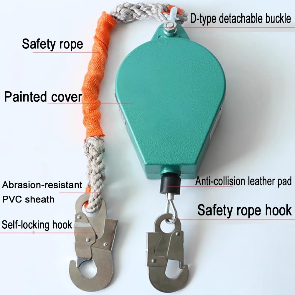 GRRICEPL Línea De Vida Autorretráctil, Arnés De Seguridad De Doble Cierre para Construcción, Anticaídas Retráctil, con Gancho De Acero Aleado Y Cable De Acero De Aviación(150KG/30M)