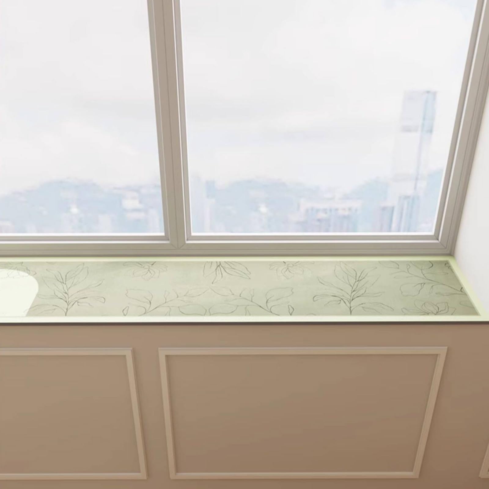 Waterproof Absorbent Window Sill Cushion, Floral Print, Diatomaceous Non-Slip DustProof, Customizable for Bay Windows & Balcony(Green,120x30cm/47x12in)