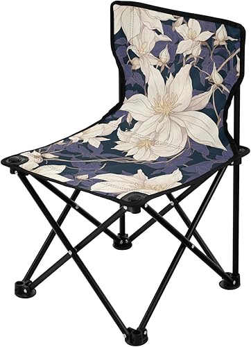 KLL Retro White Clematis Flowers Collapsible Backpacking Chairs Lightweight Camp Chair Includes Carry Bag Hiking Chairs Backpacking Ultralight for