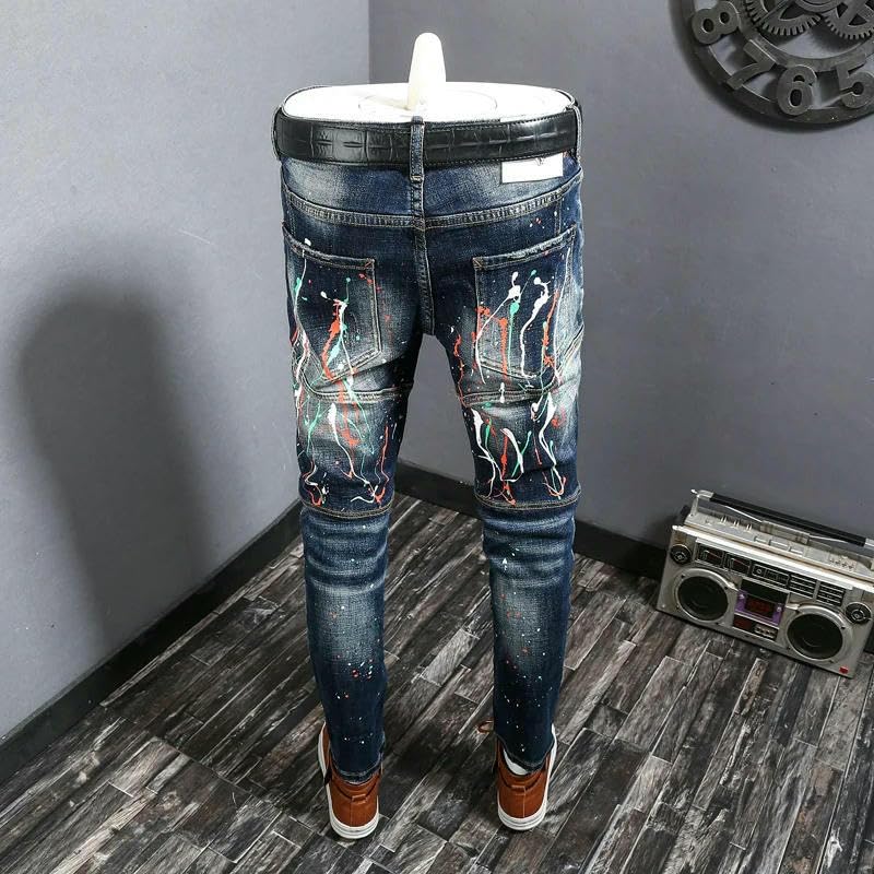 Street Men Jeans Retro Washed Blue Stretch Slim Fit Spliced Ripped Jeans Mens Painted Vintage Denim Pants2