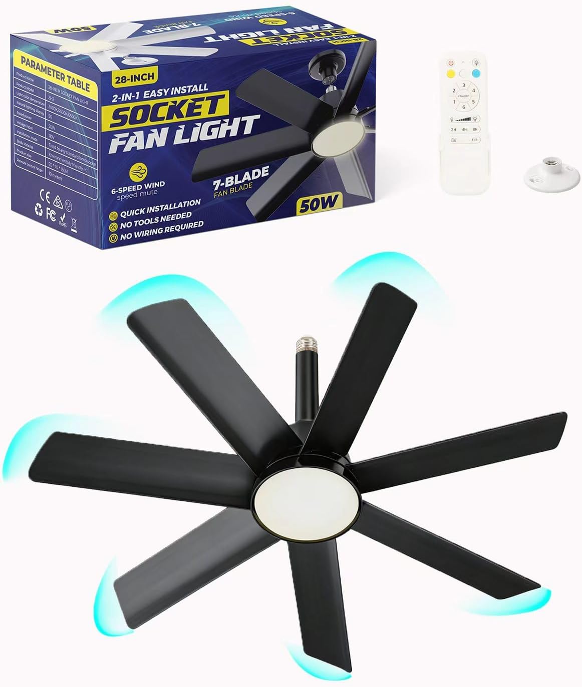 NWOP 28 Inch Socket Fan Light with Remote Control, Screw in E26/E27 Ceiling Fan with LED Light, 3000-6000K Adjustable Color Temp, 6 Speeds, Timer, for Bedroom Kitchen Living Room Garage, Black