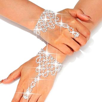 GORTIN Rhinestone Gloves Silver Fingerless Bridal Gloves for Wedding Glitter Prom Hand Chain Accessories for Women