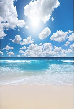 3x5ft Seaside Beach Backdrop Blue Pure Sea Water Backdrop Blue Sky White Cloud Seaside Wedding Tropical Siesta Backdrops for Photography Holiday Festival Photo Shooting Props Booth Props