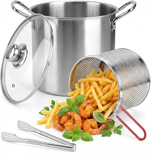 Olla de acero inoxidable de 3.2 cuartos de galón con cesta y tapa, colador de aceite para freír pescado, camarones, pollo y papas fritas, olla