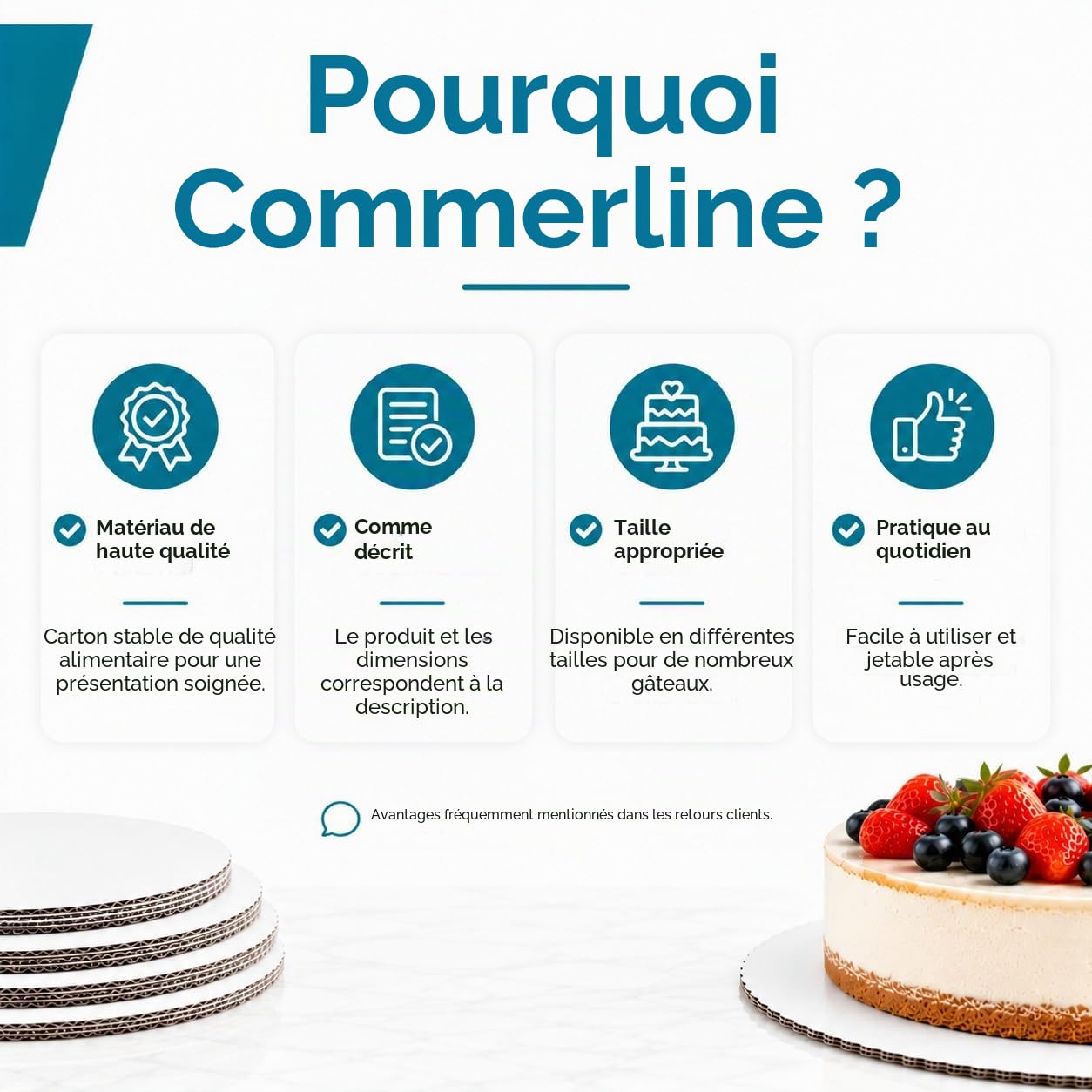 Commerline 100 Pièces Supports à Gâteau | Ronds, Ø 32 cm | Blancs | Carton Épais | Jetables | Tartes et Cheesecakes | Présentation Professionnelle | pour Gâteaux, Fêtes et Horeca
