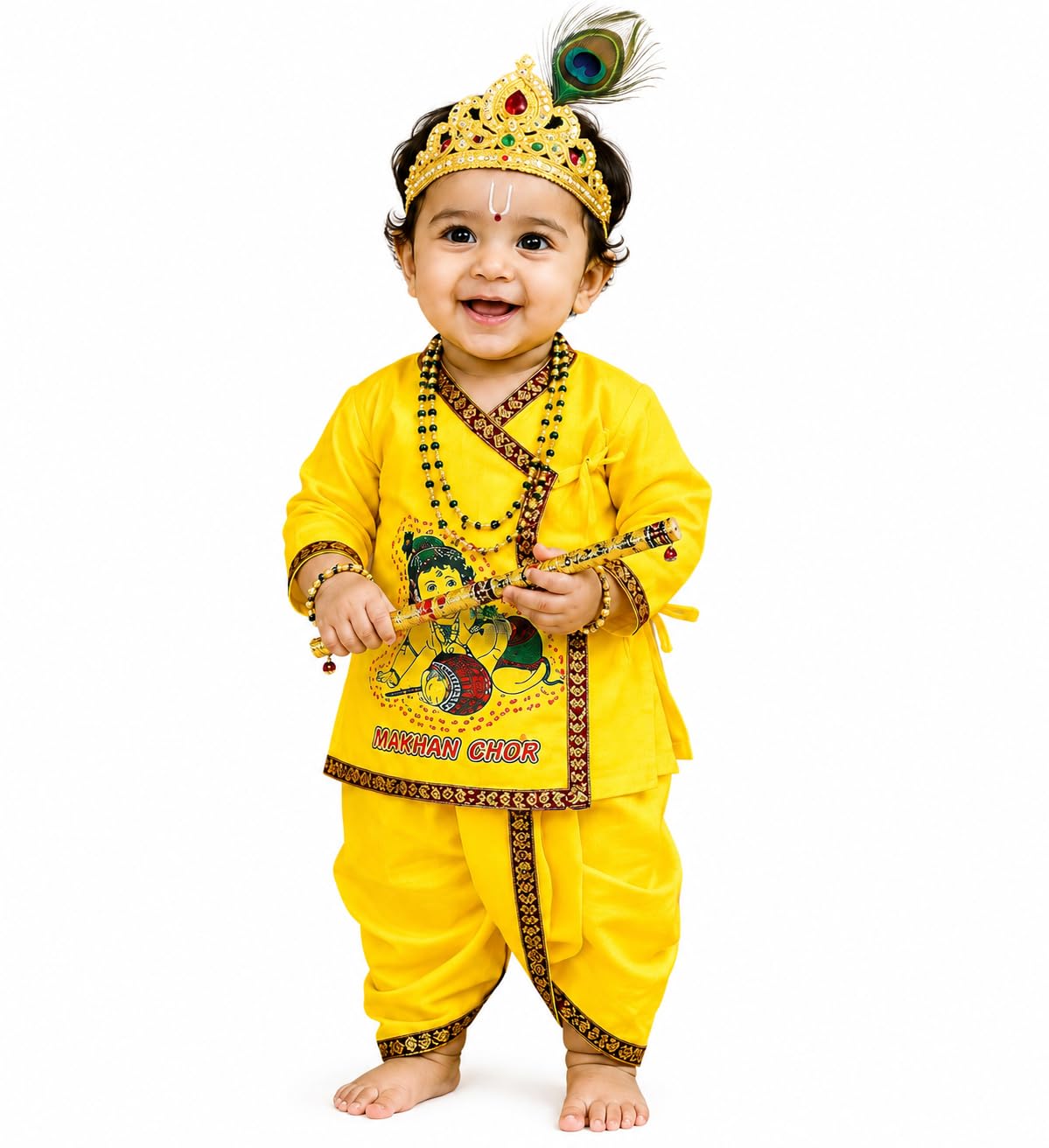pk hub Kid's Cotton Yellow Krishna Style Kurta Dhoti Dress Set with Bansuri Mukut & Patka | Traditional Costume Outfit for Boys | Janmashtami Festival Wear-picture-48