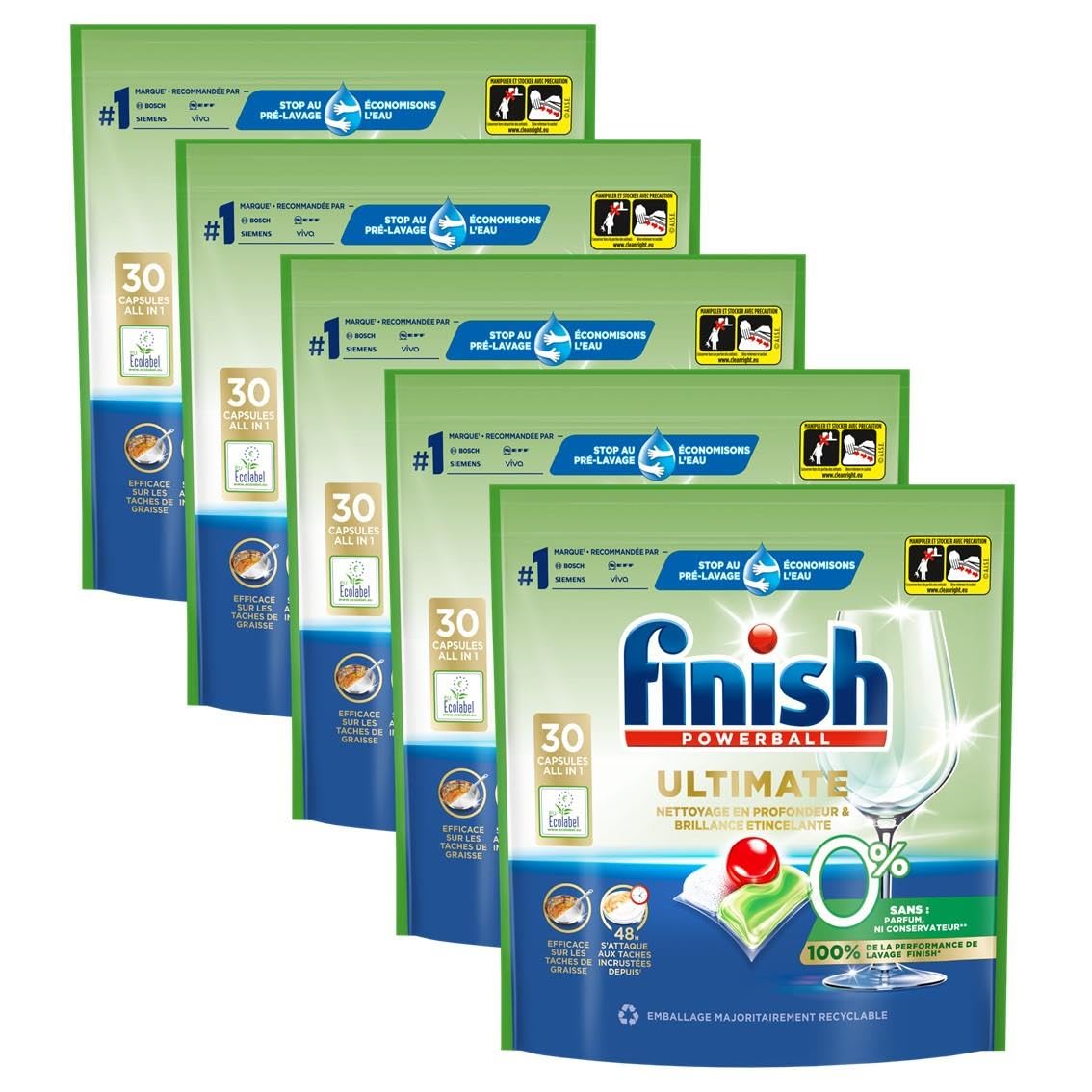 Finish Ultimate - Cápsulas para lavavajillas (0%, 5 paquetes de 30 cápsulas)
