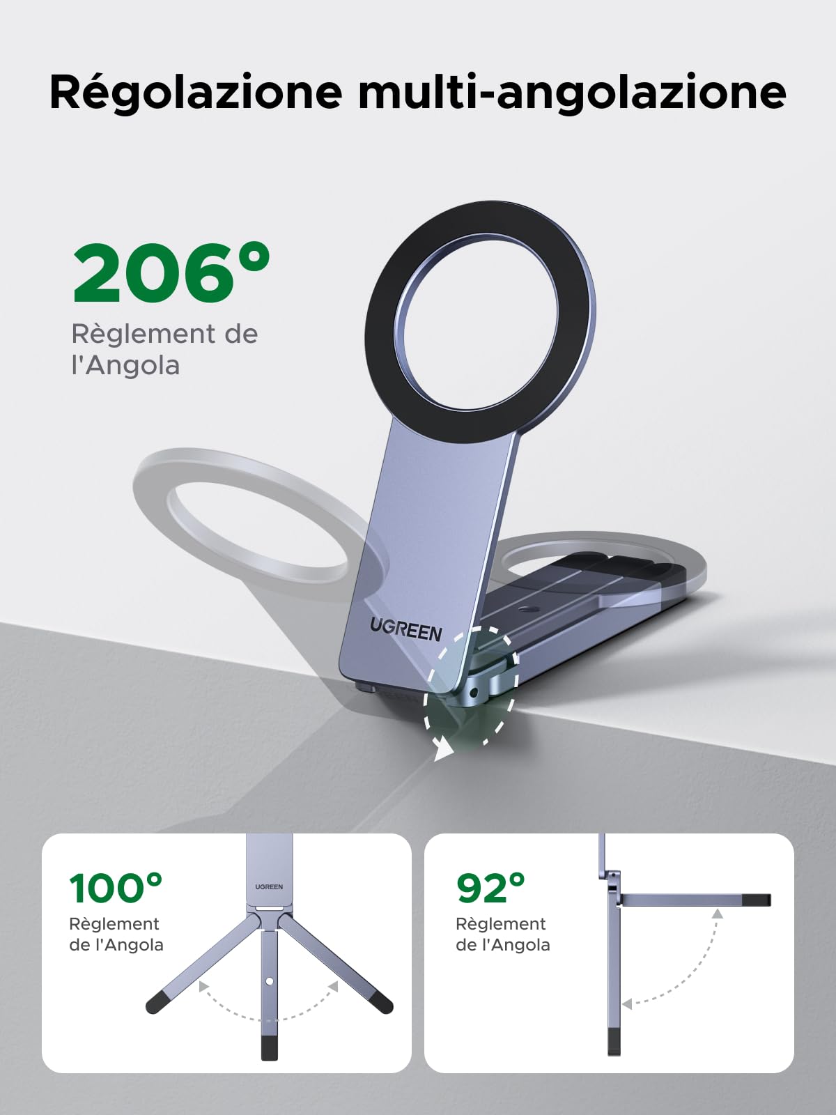 UGREEN Trépied Magnétique pour Téléphone MagSafe Gris Nébuleuse Alliage d'aluminium