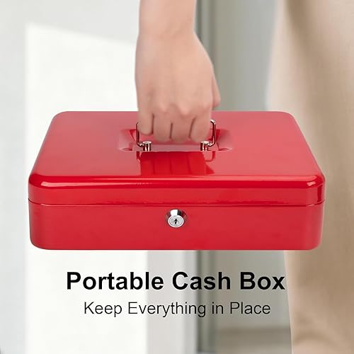 Miniatura 6 de Jssmst Caja de Efectivo con Bandeja de Dinero y Cerradura - Caja de Efectivo Roja con Cerradura de Llave, Caja de Dinero Segura Grande, Cajón de
