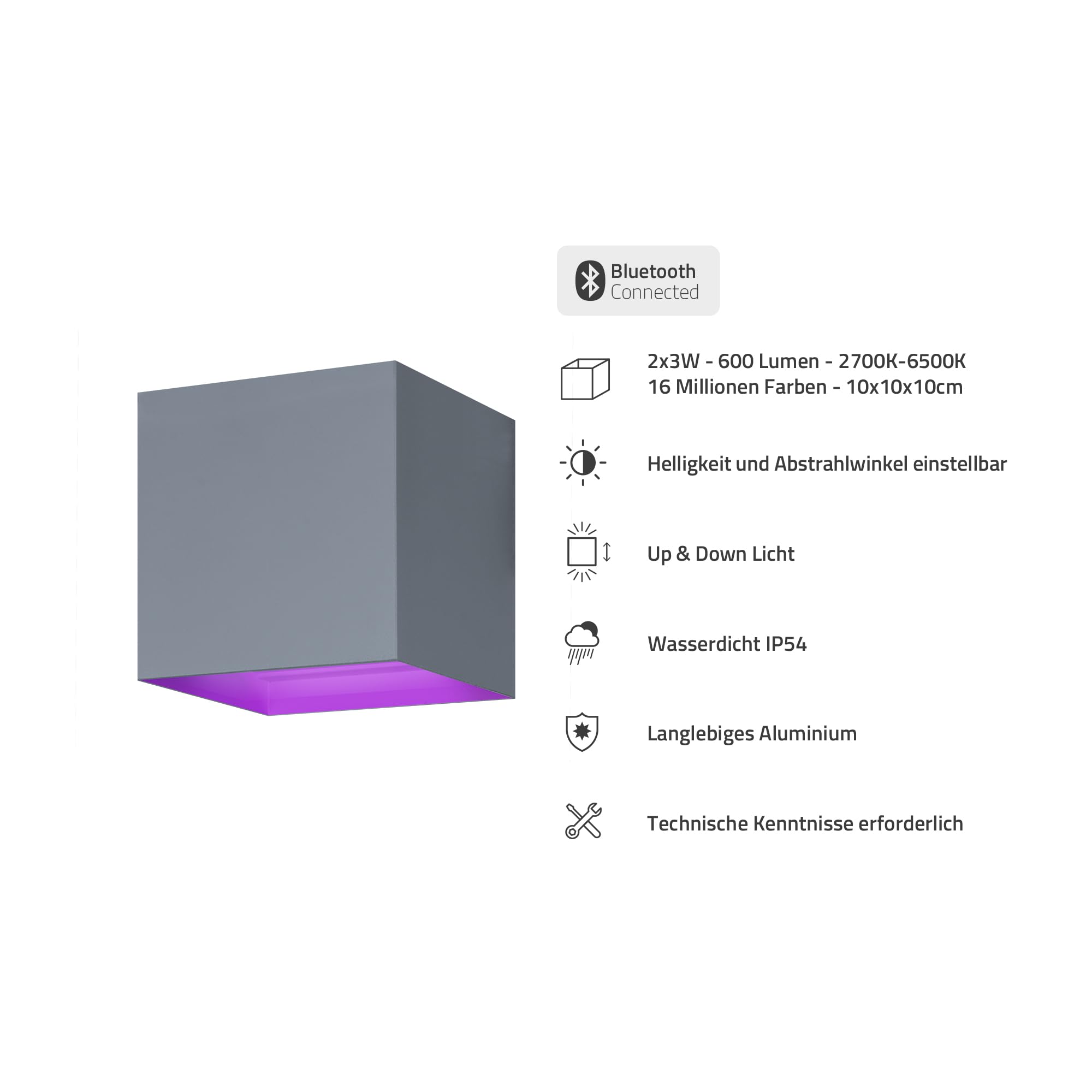 Hombli Smart LED Wandleuchte für innen und außen - dimmbarer Lichtwürfel modern, Abstrahlwinkel einstellbar, WiFi-, Bluetoothfähig, RGB, CCT - Grau | App-Steuerung, innen und außen, dimmbarer Lichtwürfel modern, Bluetoothfähig, niederländische Marke für d