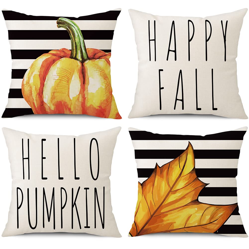 Seasboes Lot De 4 Housse De Coussin, 45x45 Cm Housse De Coussin Automne, Thanksgiving Day Housse De Coussin, Lin Citrouille Automne Récolte Taie D'oreiller Pour Canapé, Lit, Décoration Pour La Maison