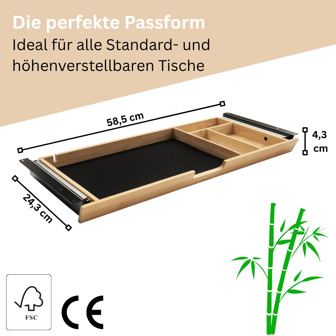WIRSCHDA® Premium Unterbauschublade Bambus – Schreibtisch Organizer flach & ausziehbar | Untertisch Schublade für Homeoffice & höhenverstellbare Tische | Büro Ordnungssystem Holz