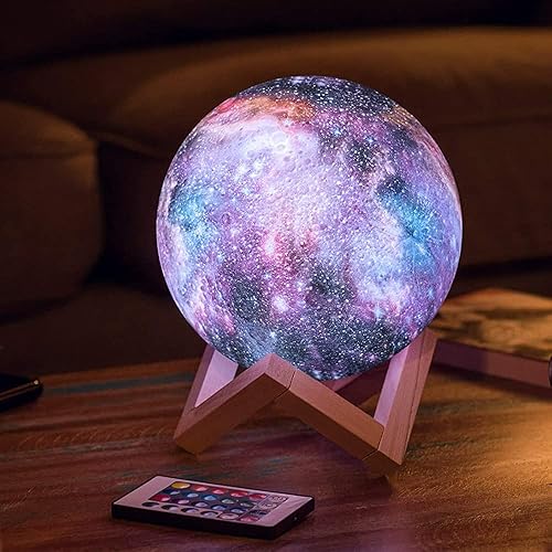 Nestling Moon Lamp, 16 Color LED 3D Print Star Moon Light Kids Night Light Galaxy Table Lamp with Wooden Holder, Portable USB Charging Moonlight Gift (15 cm)