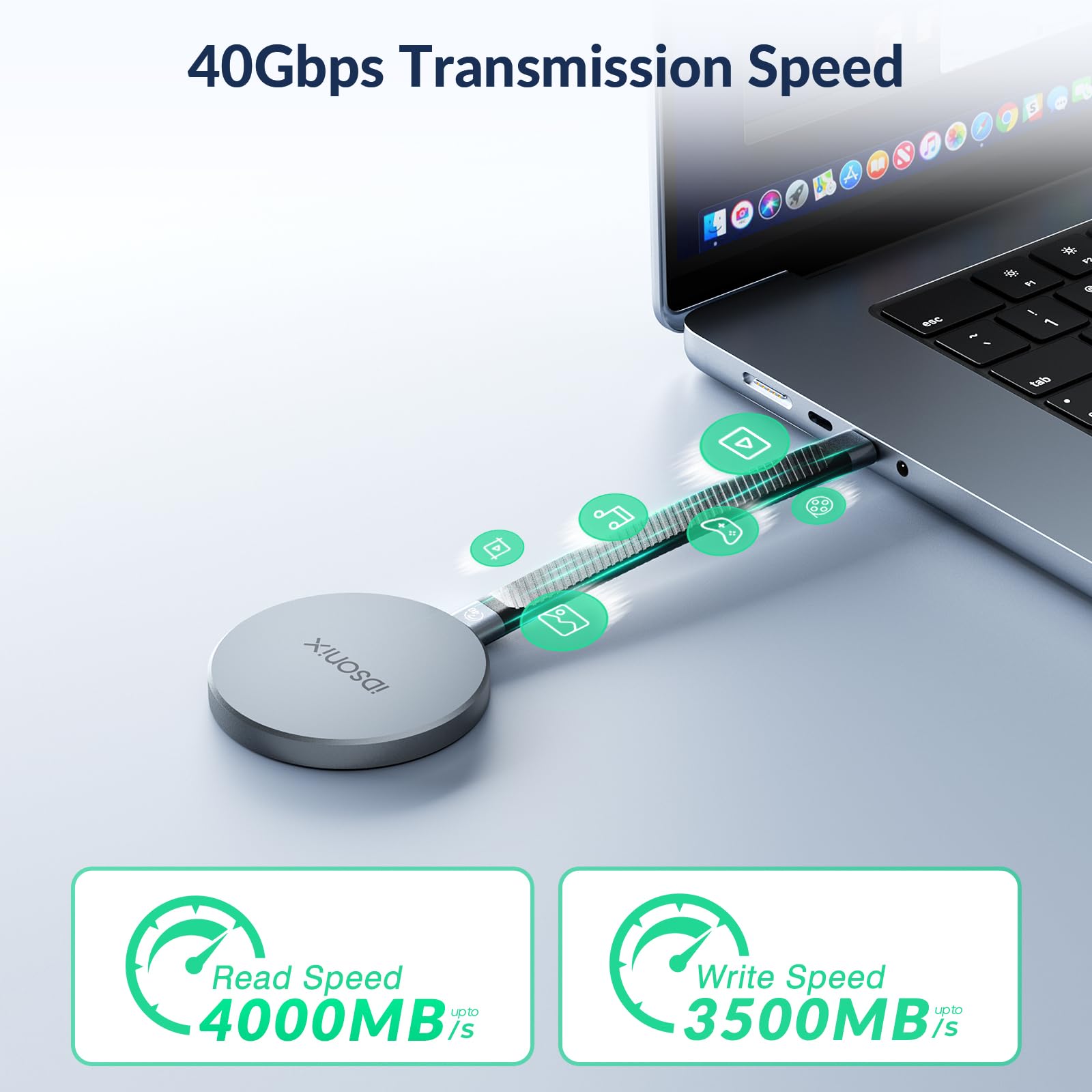 iDsonix 2TB Magnetyczny przenośny dysk SSD, zewnętrzny dysk SSD do 4000 MB/s, obsługuje nagrywanie i przechowywanie w formacie ProRes HDR, kompatybilny z tabletem, laptopem i aparatem