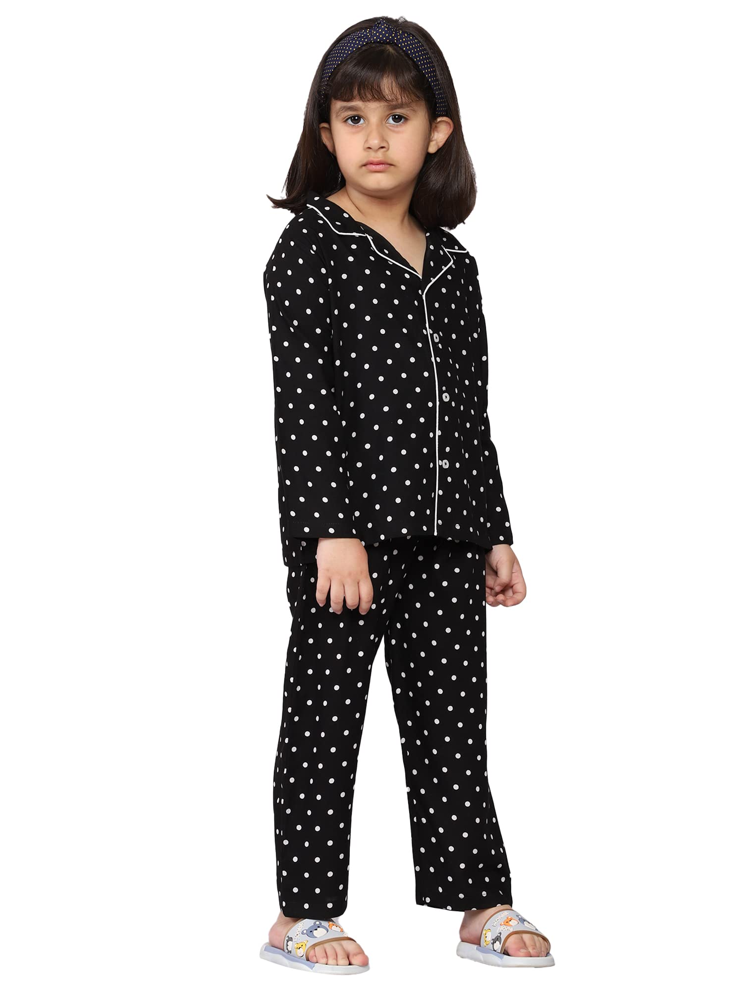 mininest Unisex Rayon Full Sleeves Polka Dots Printed Night Sleepwear Suit Pajama Set Comfortable Soft With Front Button & Elastic Pajama Regular Night Dress For Kids (Blk 3-4 Year) 1