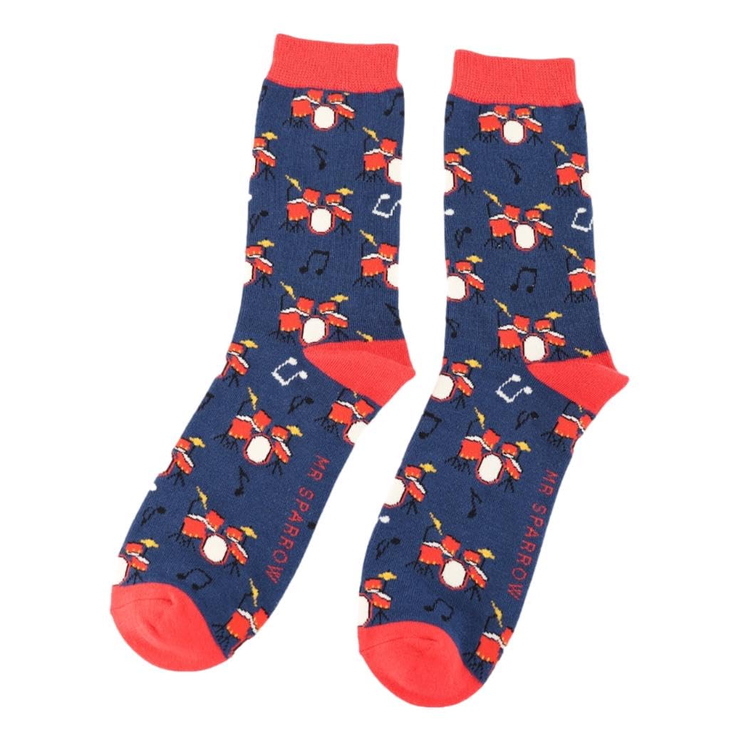 Mr Sparrow Drum Kits on Navy Blue Mens Novelty Ankle Socks Adult One Size