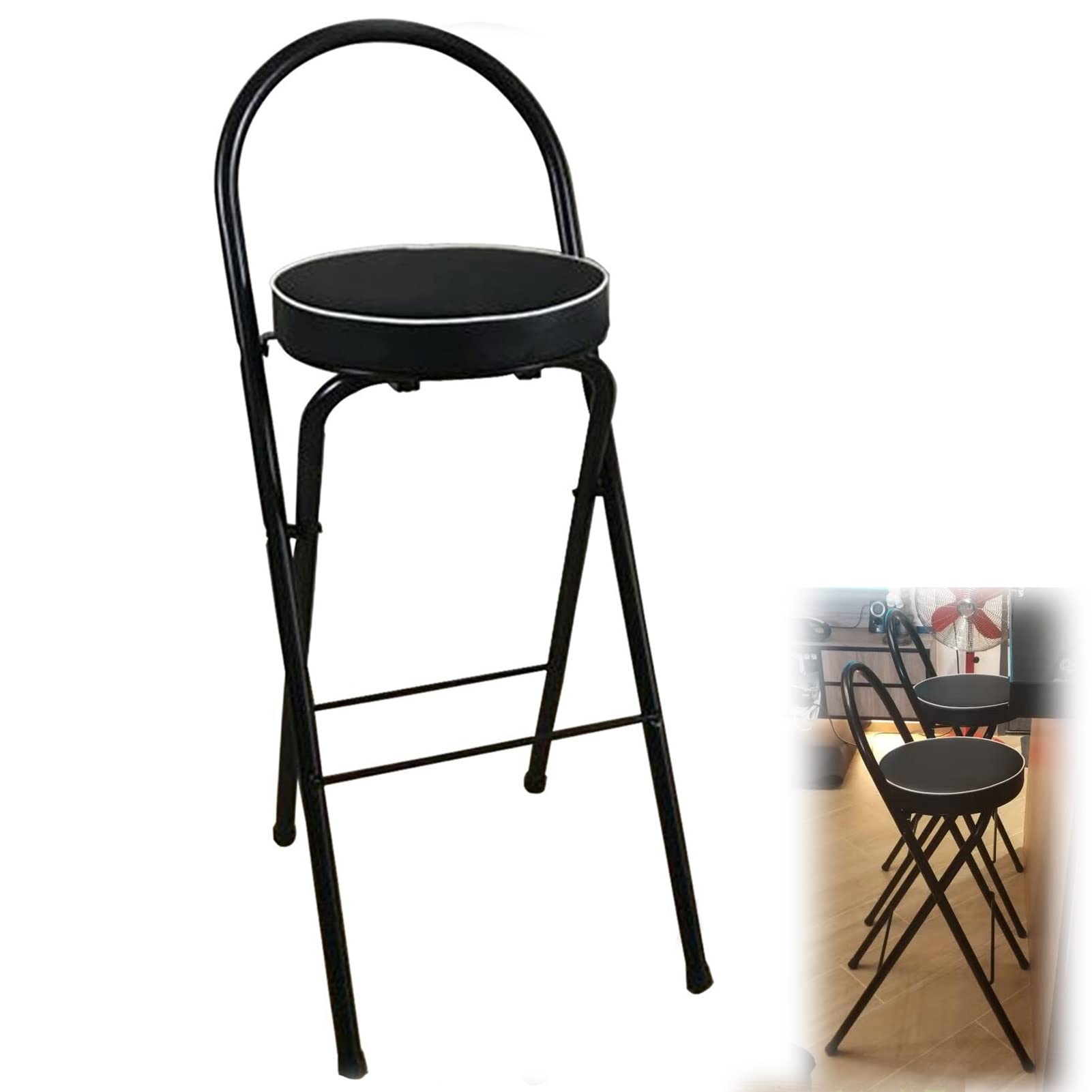 Taburete de bar plegable de 28 pulgadas con respaldo, portátil, redondo, de cuero, acolchado, altura de mostrador, taburete alto plegable para uso en interiores y exteriores, color negro