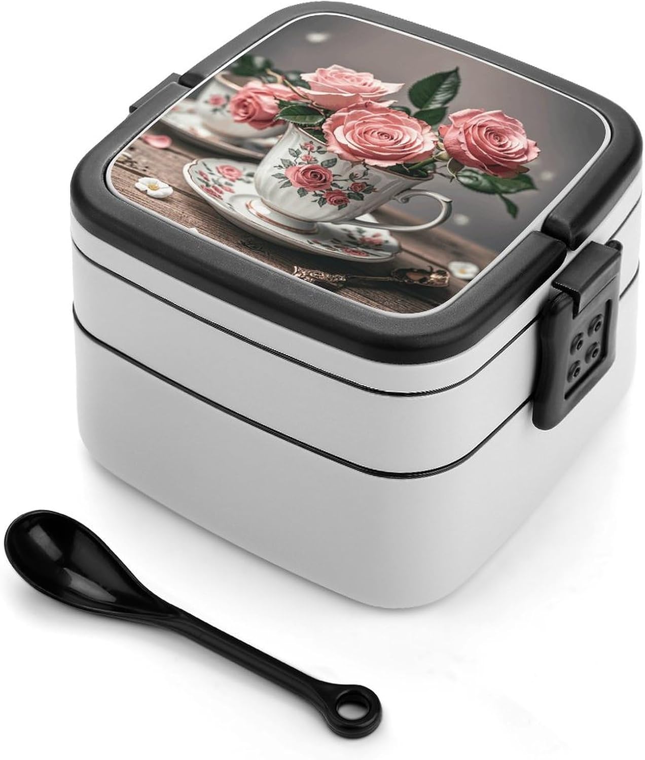 Bento Box with Spoon And Handle Tea Cups with Roses Romantic Shabby Printed Stackable Bento Box Portable Bento Lunch Box Container for Work Camping And Travel