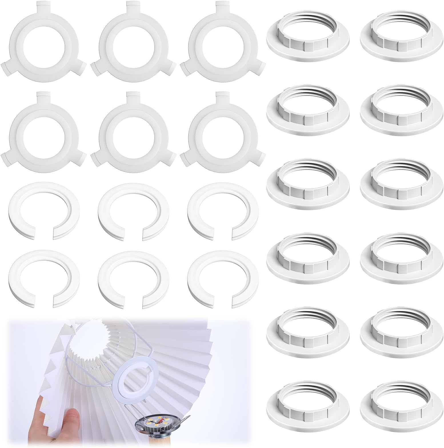 24 Pack Lamp Shade Adapter Ring, 12 Pcs E27 to E14 Lampshade Reducer Ring and 12 Pcs E14 Lampshade Reducer Rings (White PP Plastic), 26.5mm-29.3mm Size for Home Lighting Fixtures