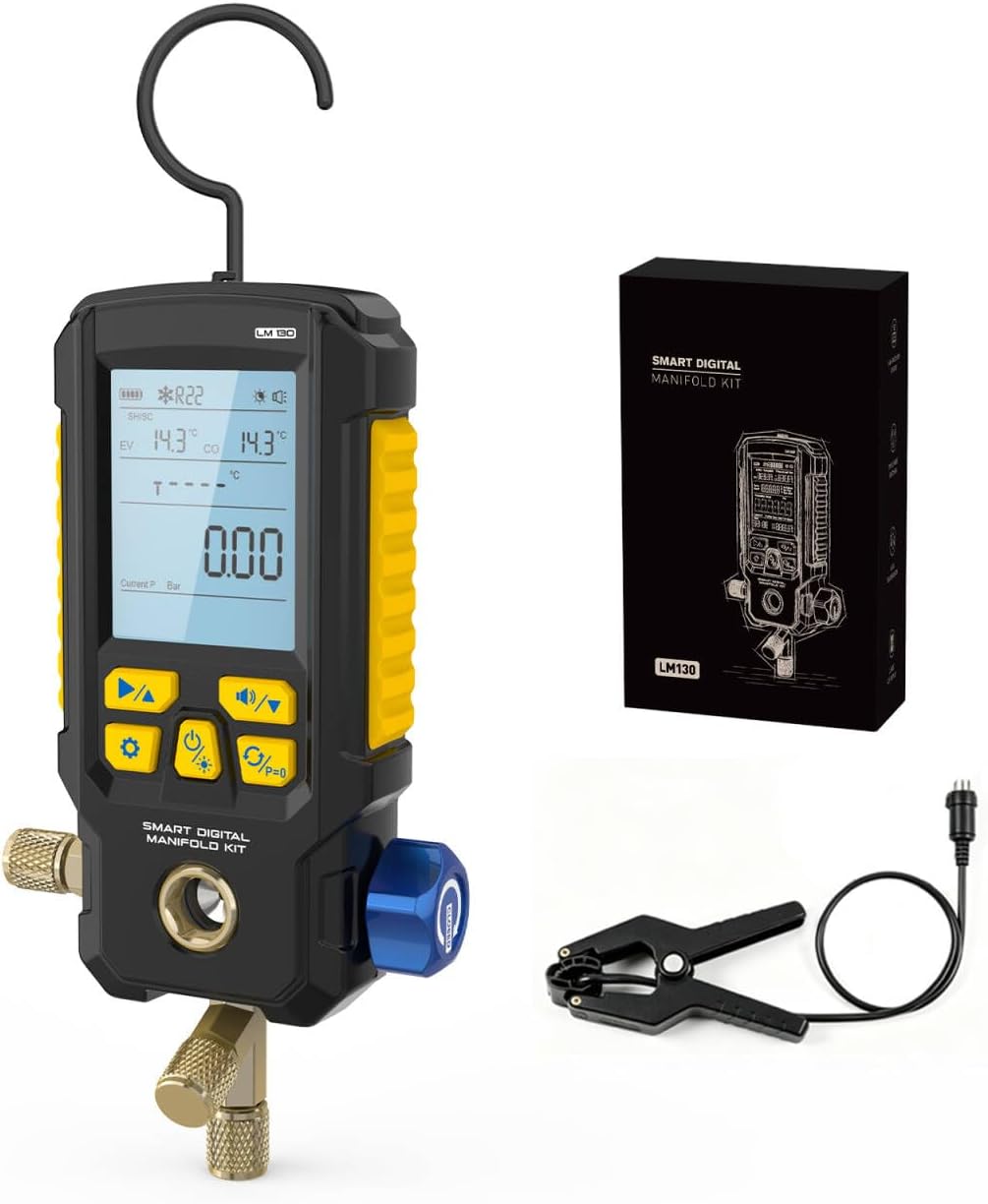 Digital Manifold Gauge Kit, 3-Mode (Refrigeration/Evacuation/Leak Test) with Temp Clamp, ±0.5% High-Precision Intelligent Refrigerant HVAC Gauges for AC & Refrigeration Systems Support 7 Refrigerant