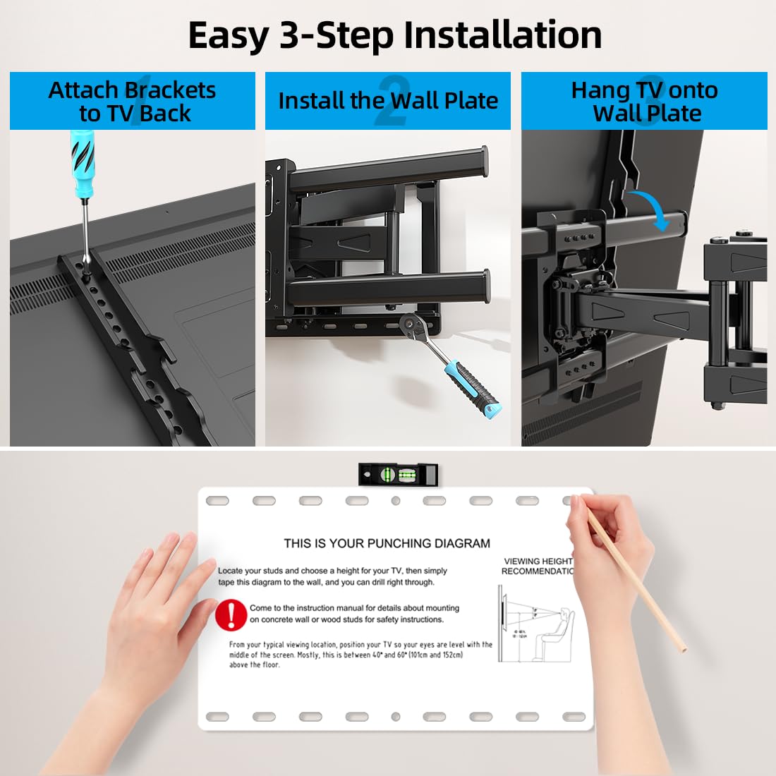 HOME VISION Full Motion TV Wall Mount for 32-85 inch TVs up to 132lbs, Fits 8”/ 12” /16” Wood Studs, TV Mount Wall Bracket with Dual Articulating Arms, Swivel, Tilt, Max VESA 600x400mm