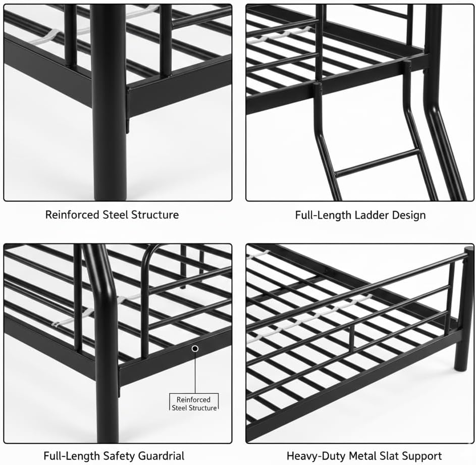 Bunk Bed Twin Over Full, Metal Bunk Bed with Ladders, Safety Guard, Noise Free for Small Bedroom, Black (Twin Over Full(Middle))