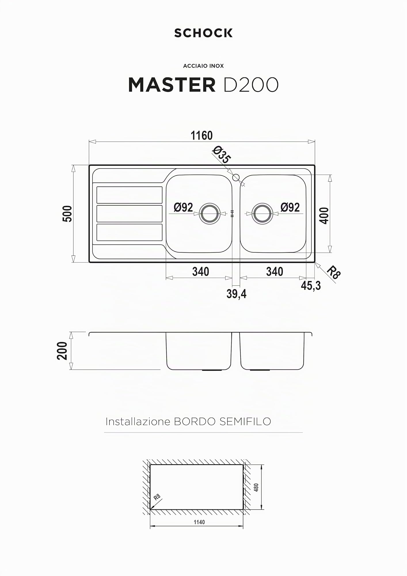 SCHOCK | Lavello Cucina Master D200 2 Vasche con Gocciolatoio in Acciaio Inox, Guarnizione Preinstallata, 1160x500mm
