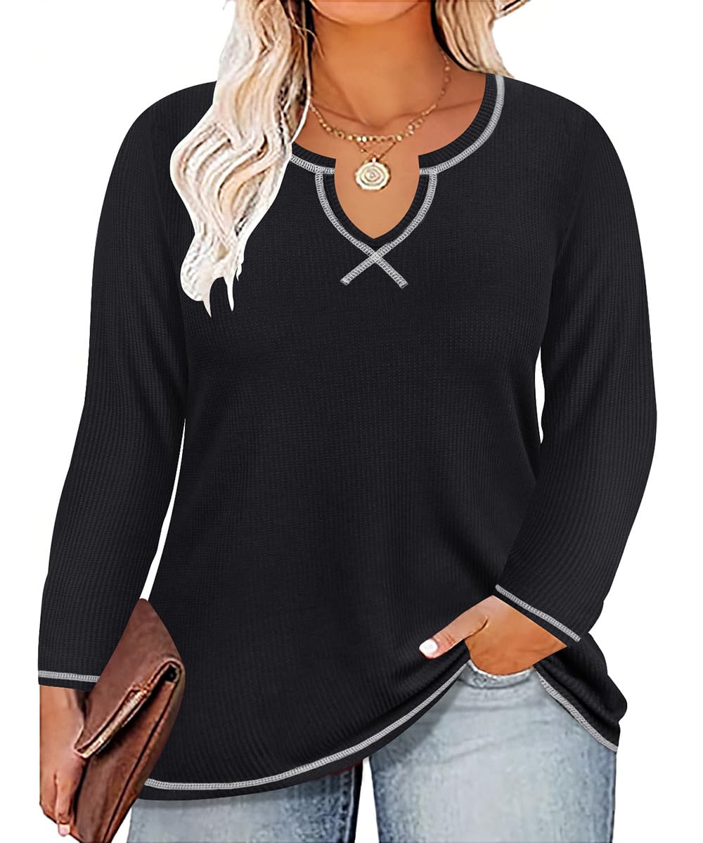 RITERA Plus Size Tops for Women Long Sleeve Waffle Knit Shirts Casual Oversized V Neck Basic Solid Sweatshirts XL-5XL